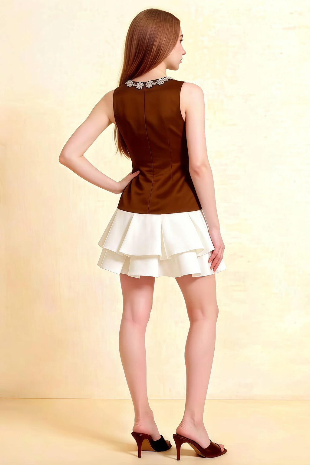 Camille Chocolate and White Sleeveless Rhinestone Mini Dress with Ruffles