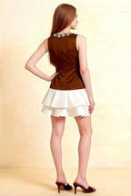Camille Chocolate and White Sleeveless Rhinestone Mini Dress with Ruffles