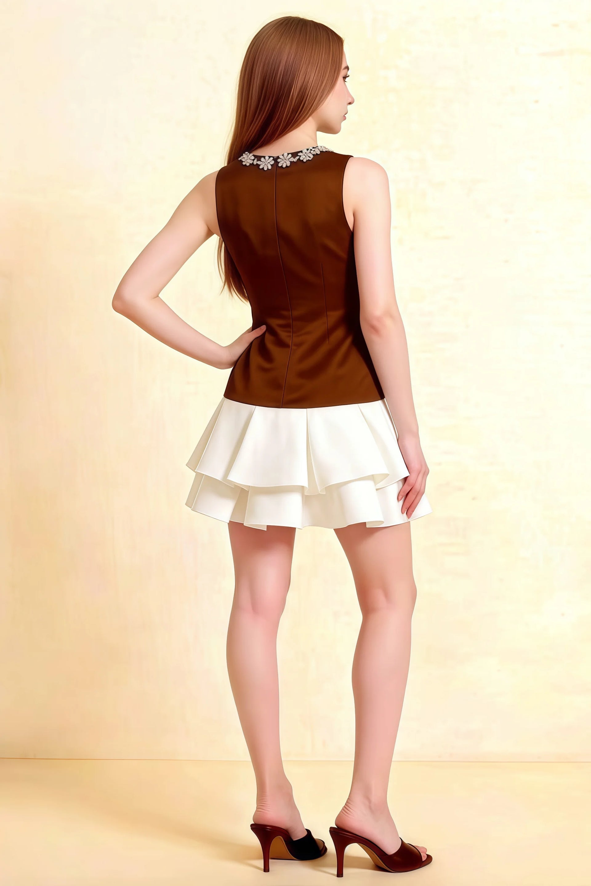 Camille Chocolate and White Sleeveless Rhinestone Mini Dress with Ruffles