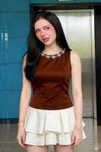 Camille Chocolate and White Sleeveless Rhinestone Mini Dress with Ruffles