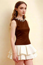 Camille Chocolate and White Sleeveless Rhinestone Mini Dress with Ruffles