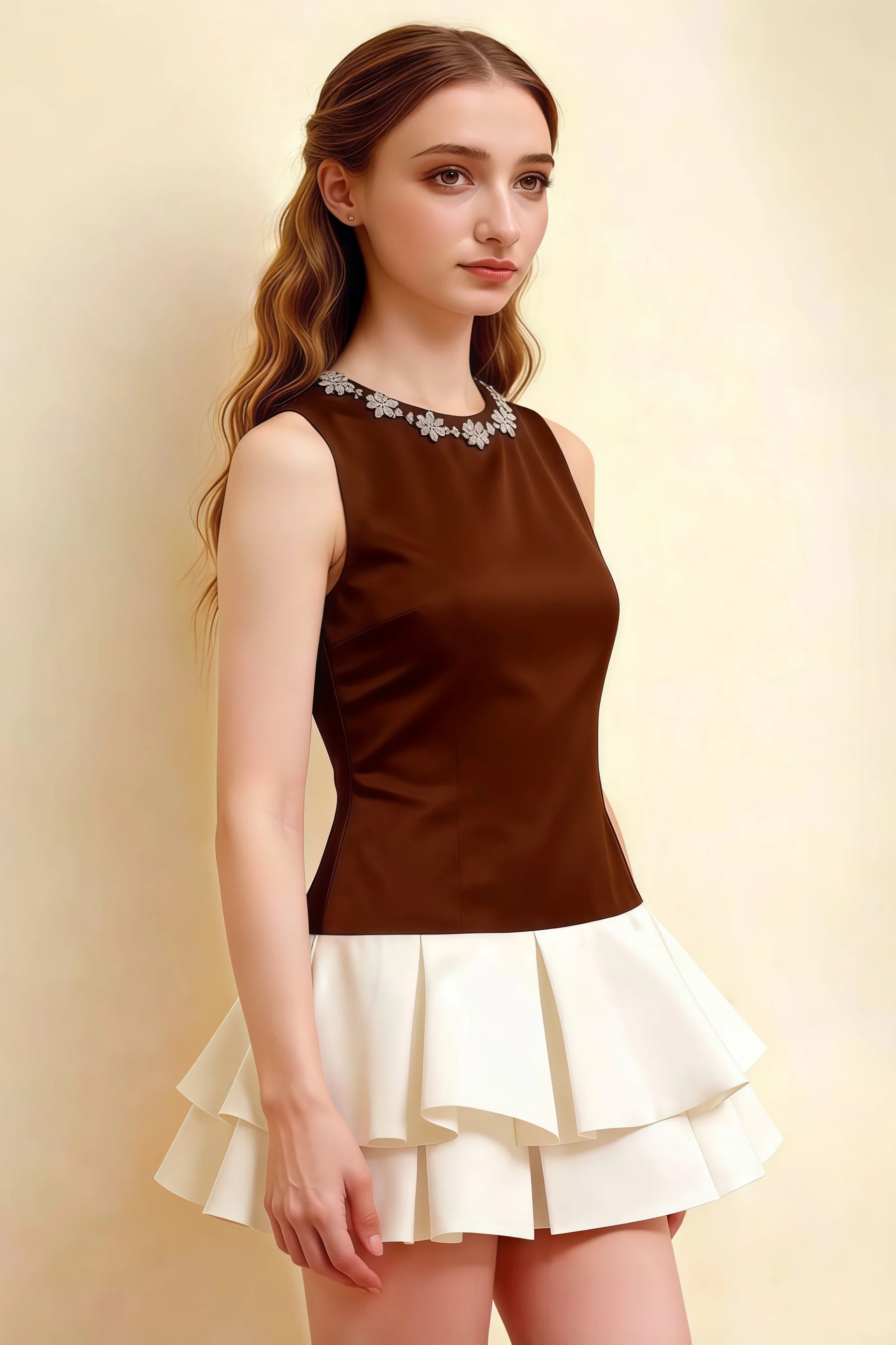 Camille Chocolate and White Sleeveless Rhinestone Mini Dress with Ruffles