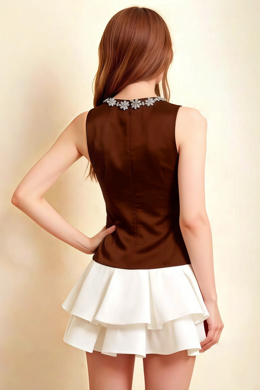 Camille Chocolate and White Sleeveless Rhinestone Mini Dress with Ruffles