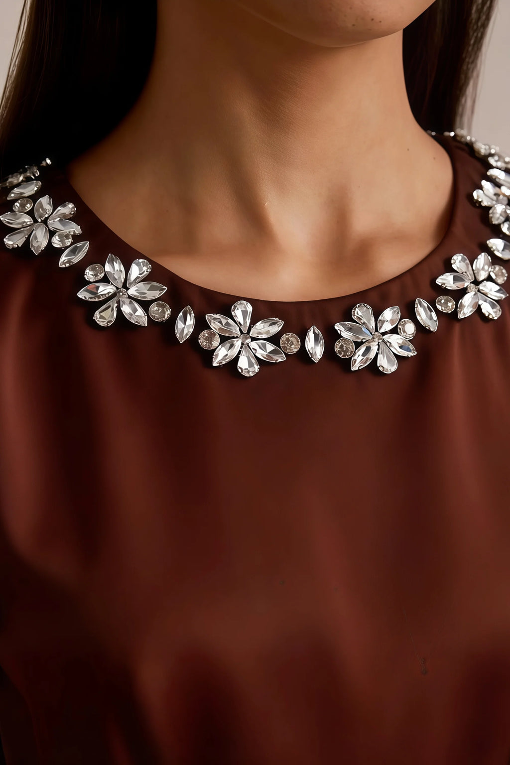 Camille Chocolate and White Sleeveless Rhinestone Mini Dress with Ruffles