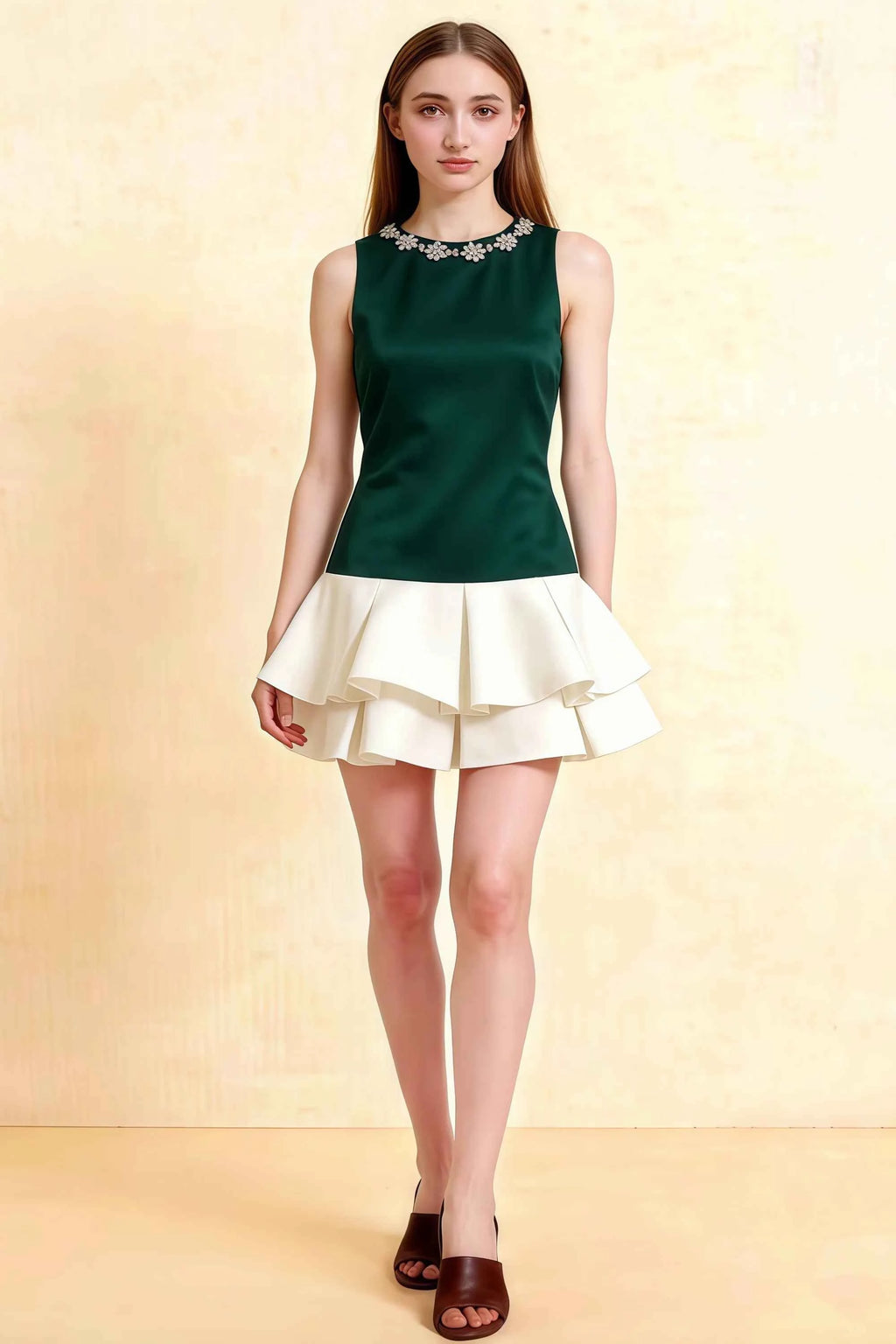 Camille Emerald and White Sleeveless Rhinestone Mini Dress with Ruffles