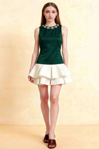 Camille Emerald and White Sleeveless Rhinestone Mini Dress with Ruffles