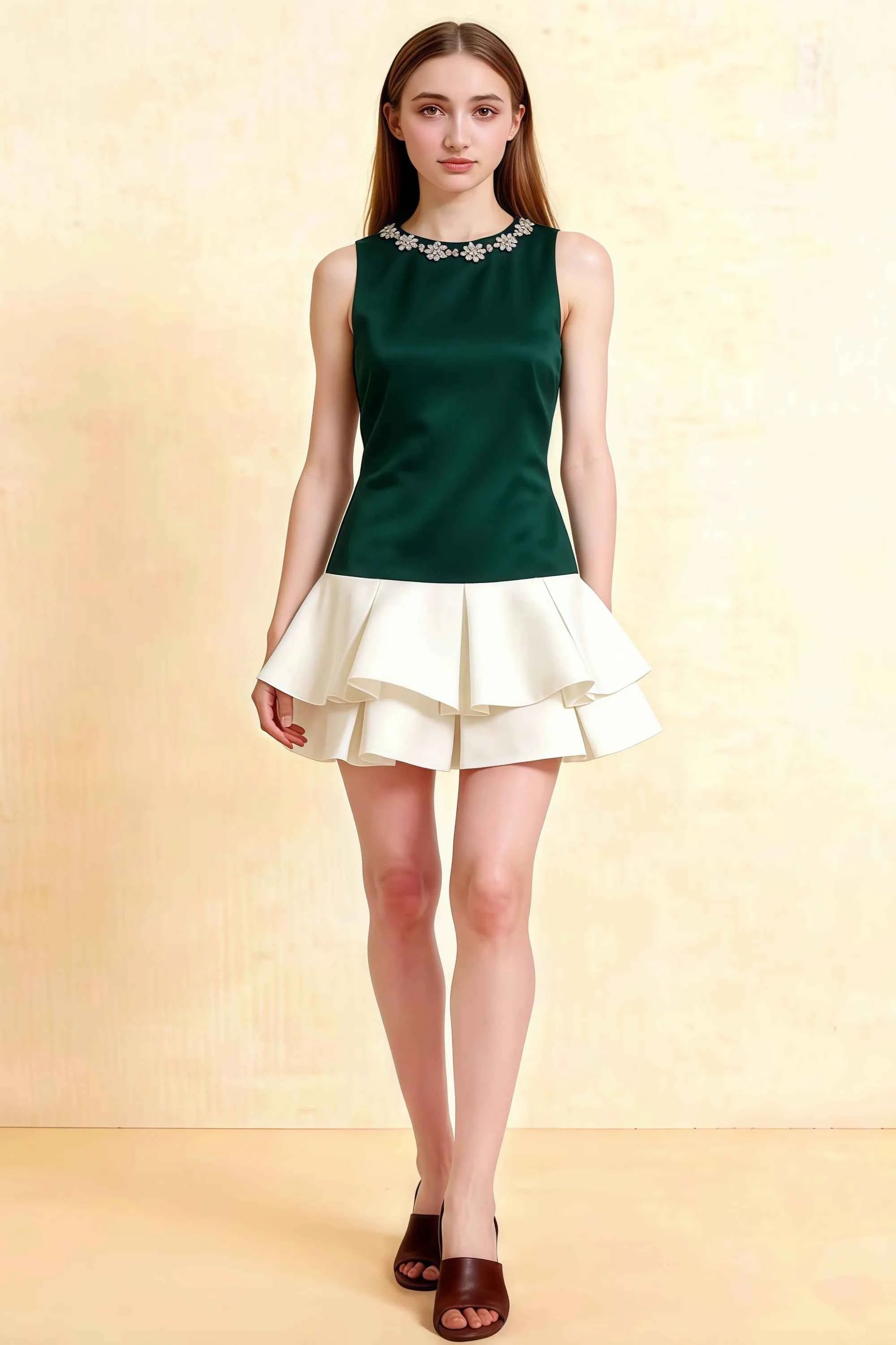 LVLVS Camille Emerald and White Sleeveless Rhinestone Mini Dress with Ruffles for Cocktail Party Classy Evening Wear Main image