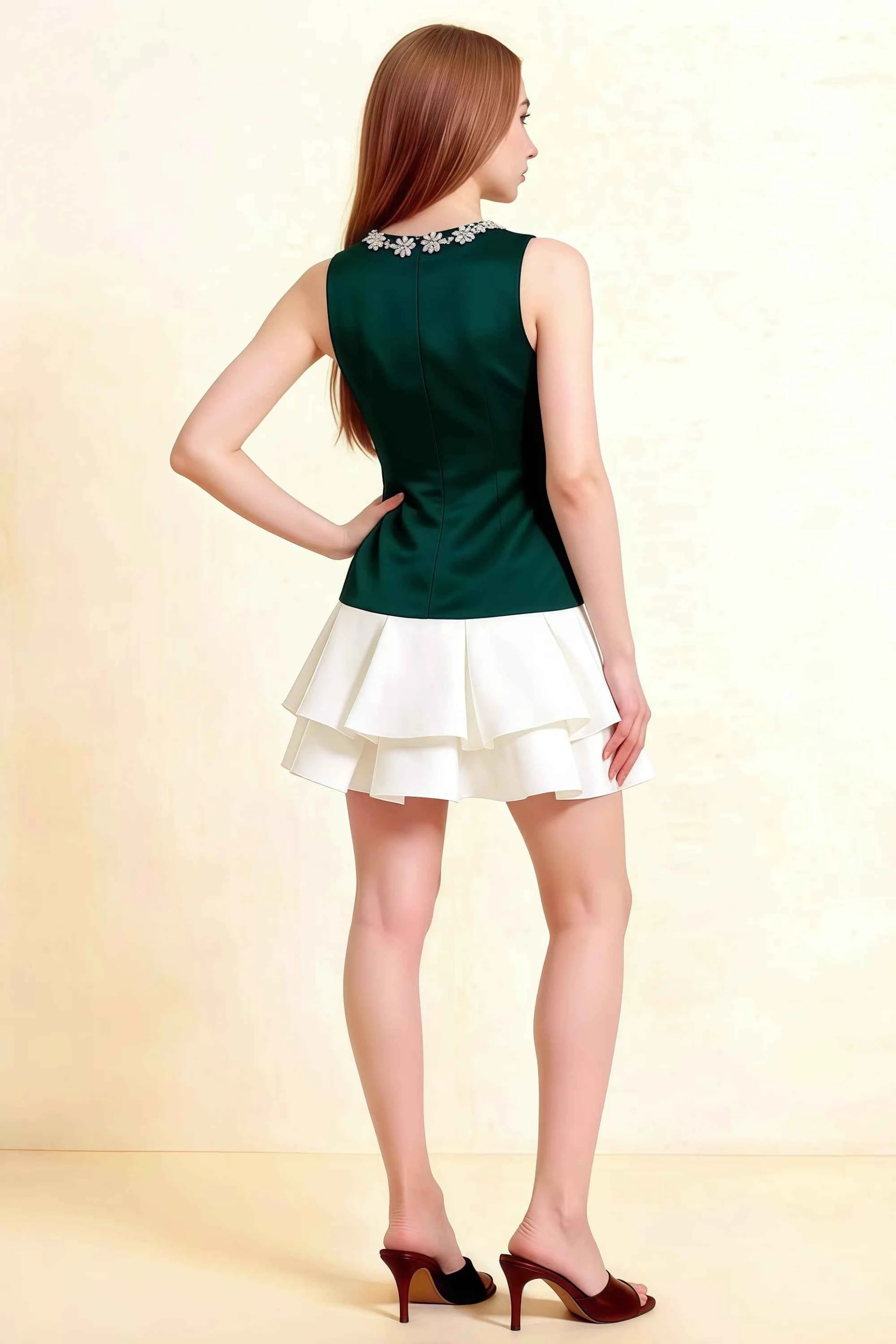 Camille Emerald and White Sleeveless Rhinestone Mini Dress with Ruffles