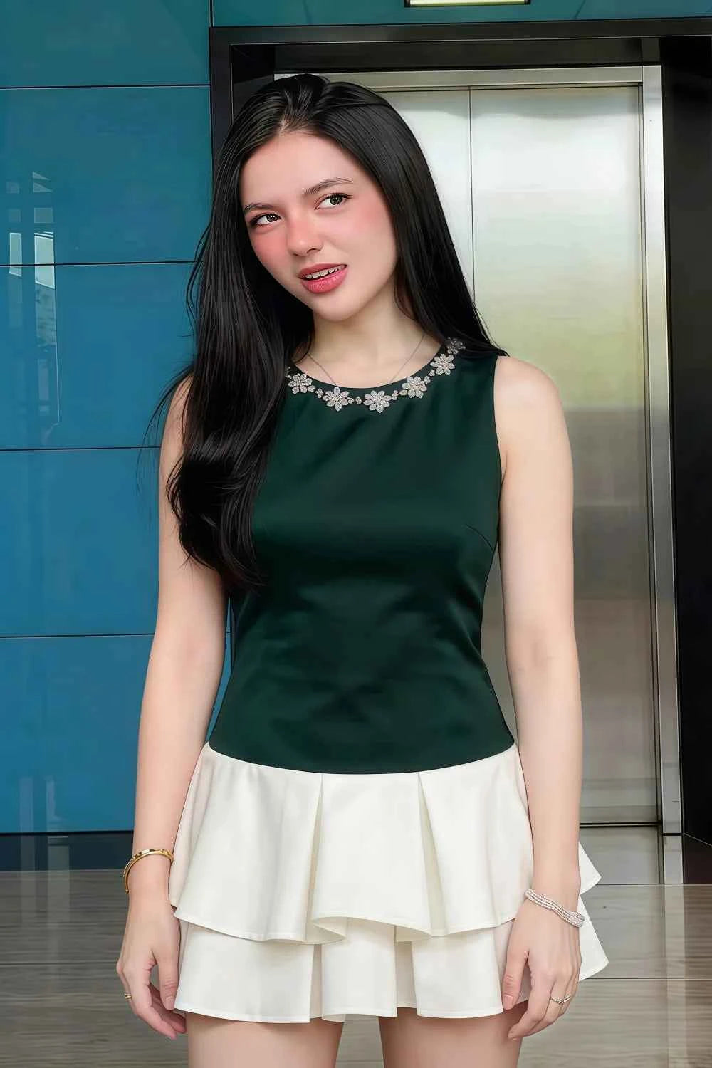 Camille Emerald and White Sleeveless Rhinestone Mini Dress with Ruffles