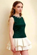Camille Emerald and White Sleeveless Rhinestone Mini Dress with Ruffles