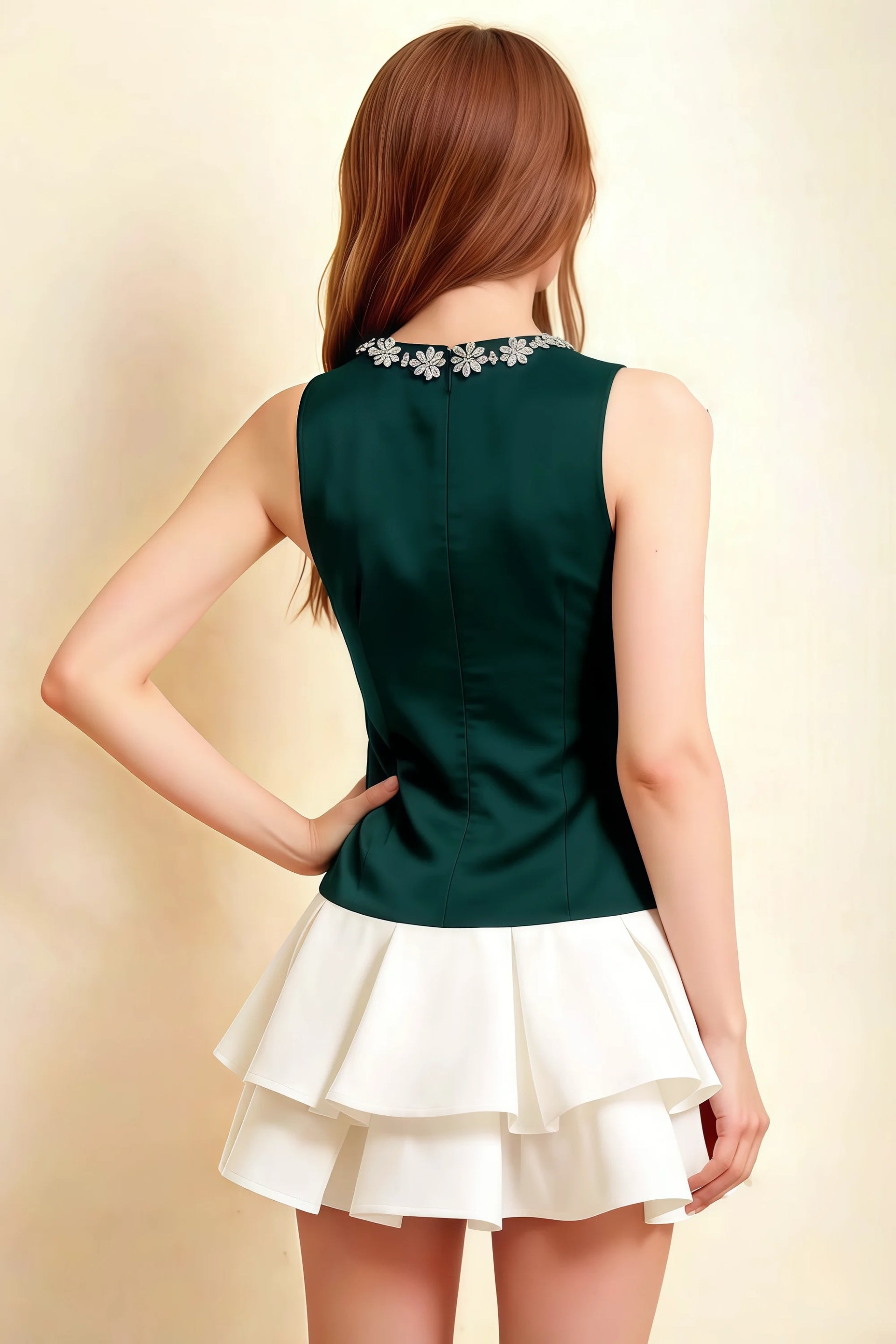 Camille Emerald and White Sleeveless Rhinestone Mini Dress with Ruffles