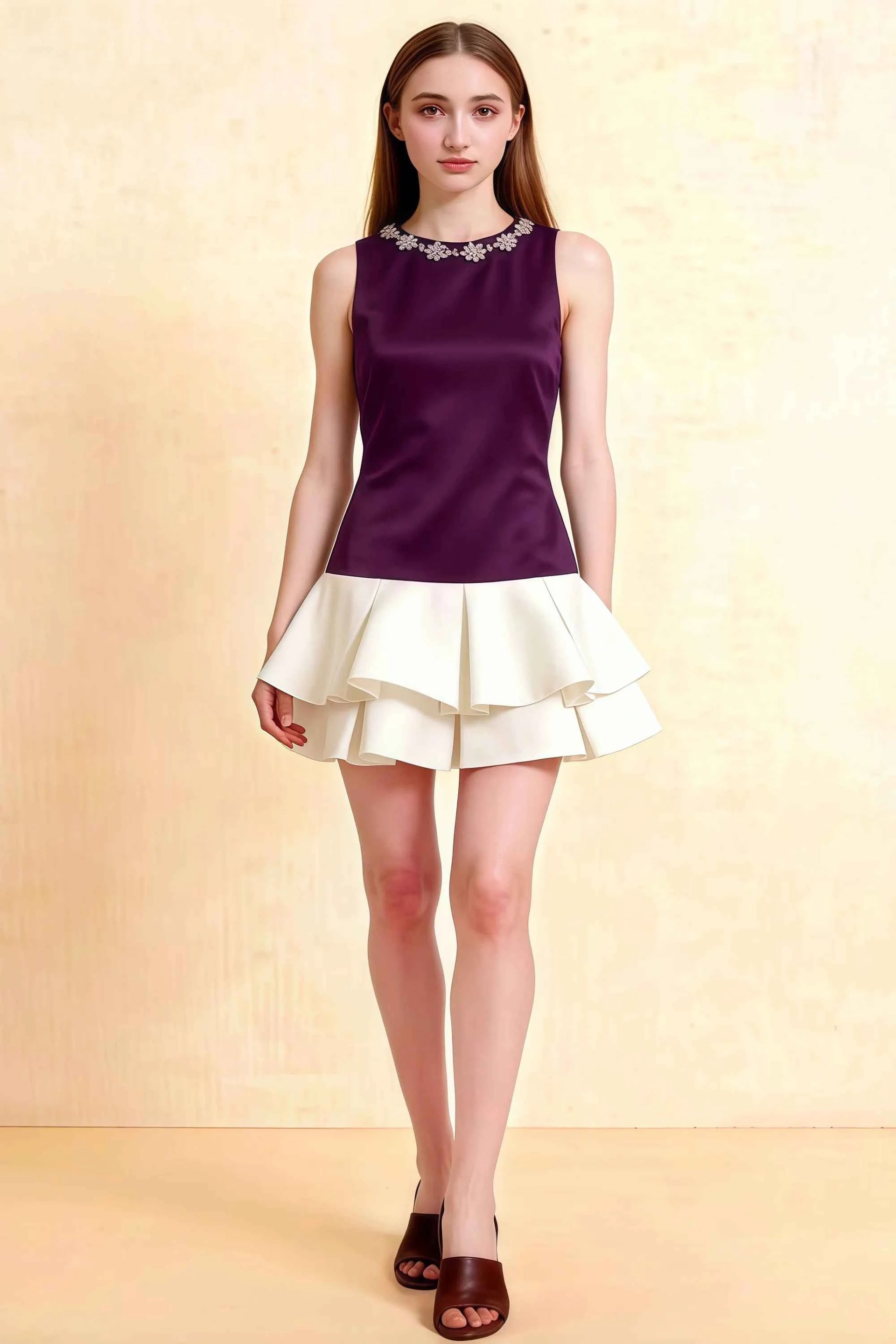 Camille Grape and White Sleeveless Rhinestone Mini Dress with Ruffles