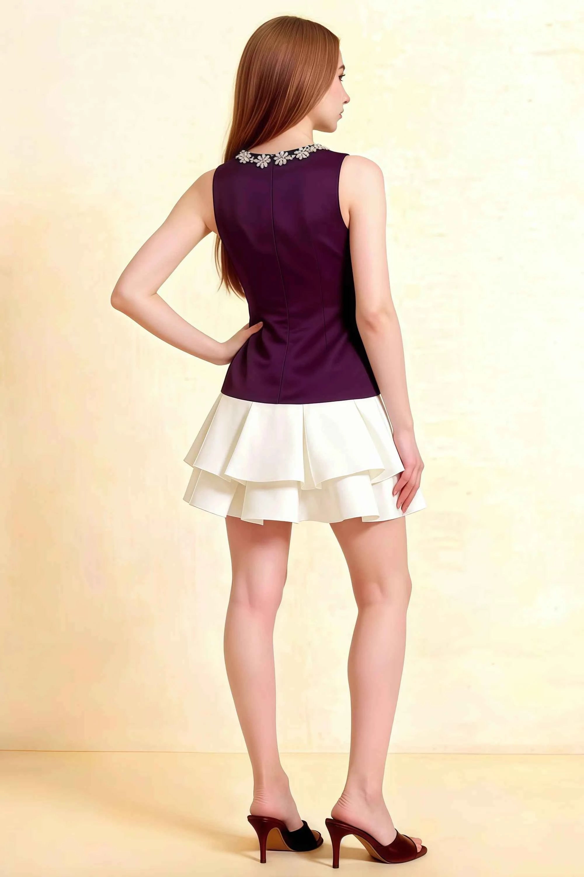 Camille Grape and White Sleeveless Rhinestone Mini Dress with Ruffles Imagen secundaria del producto