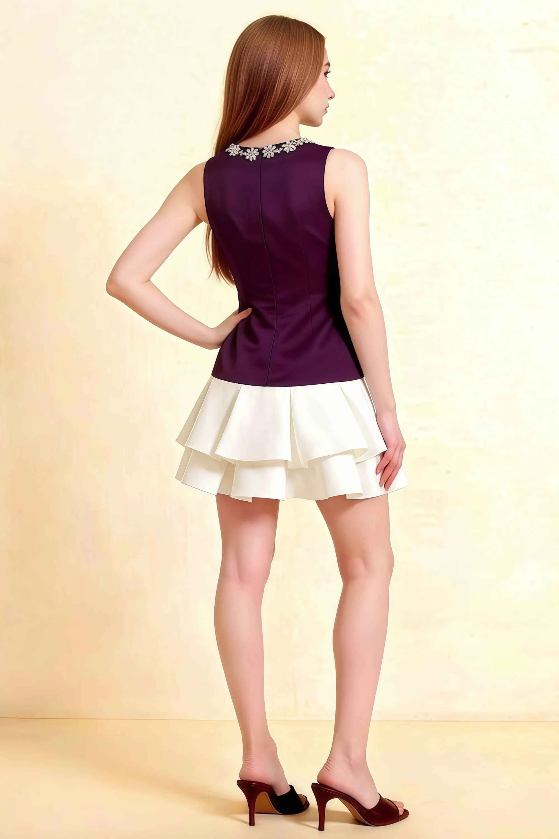 Camille Grape and White Sleeveless Rhinestone Mini Dress with Ruffles