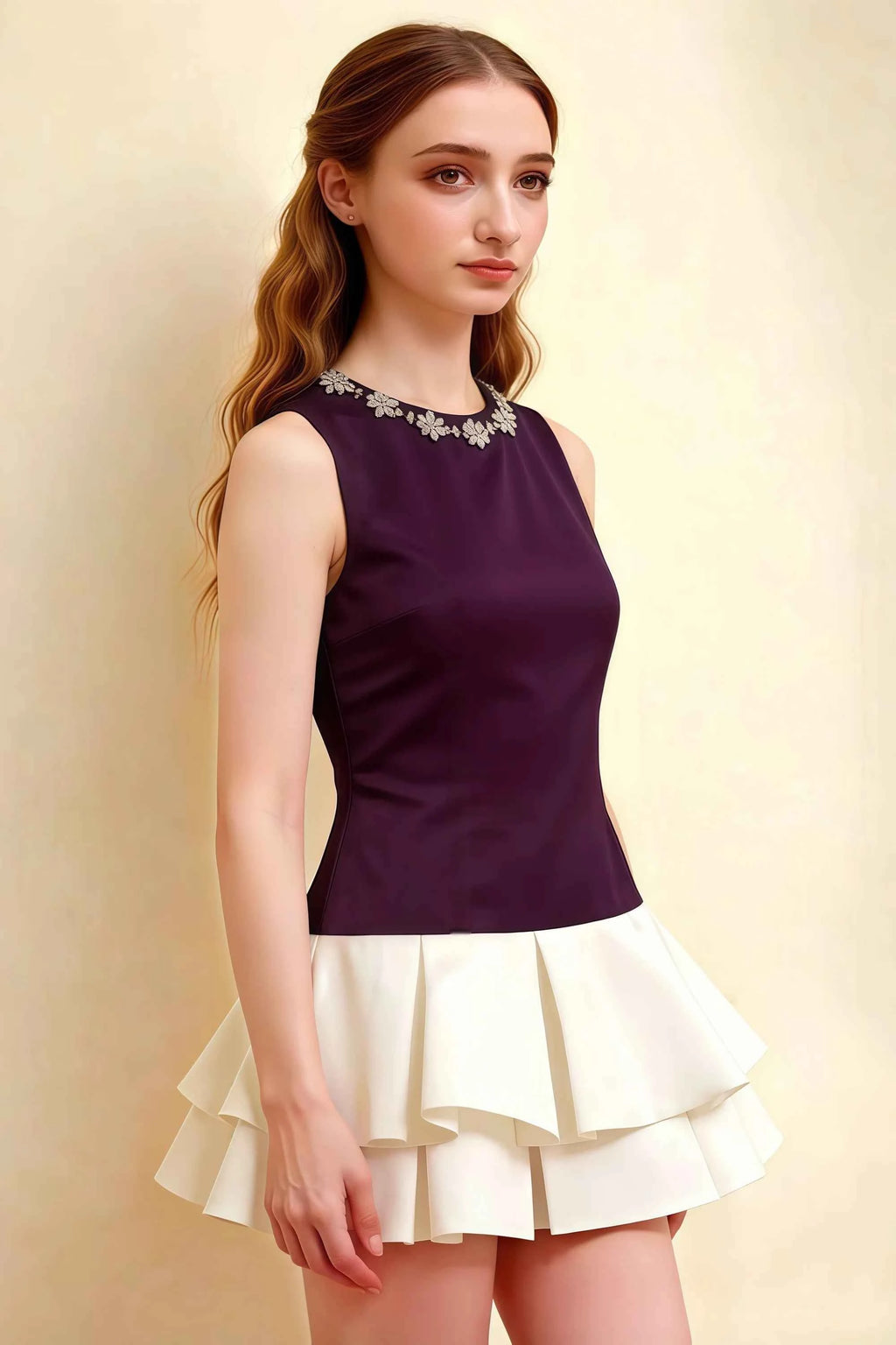 Camille Grape and White Sleeveless Rhinestone Mini Dress with Ruffles