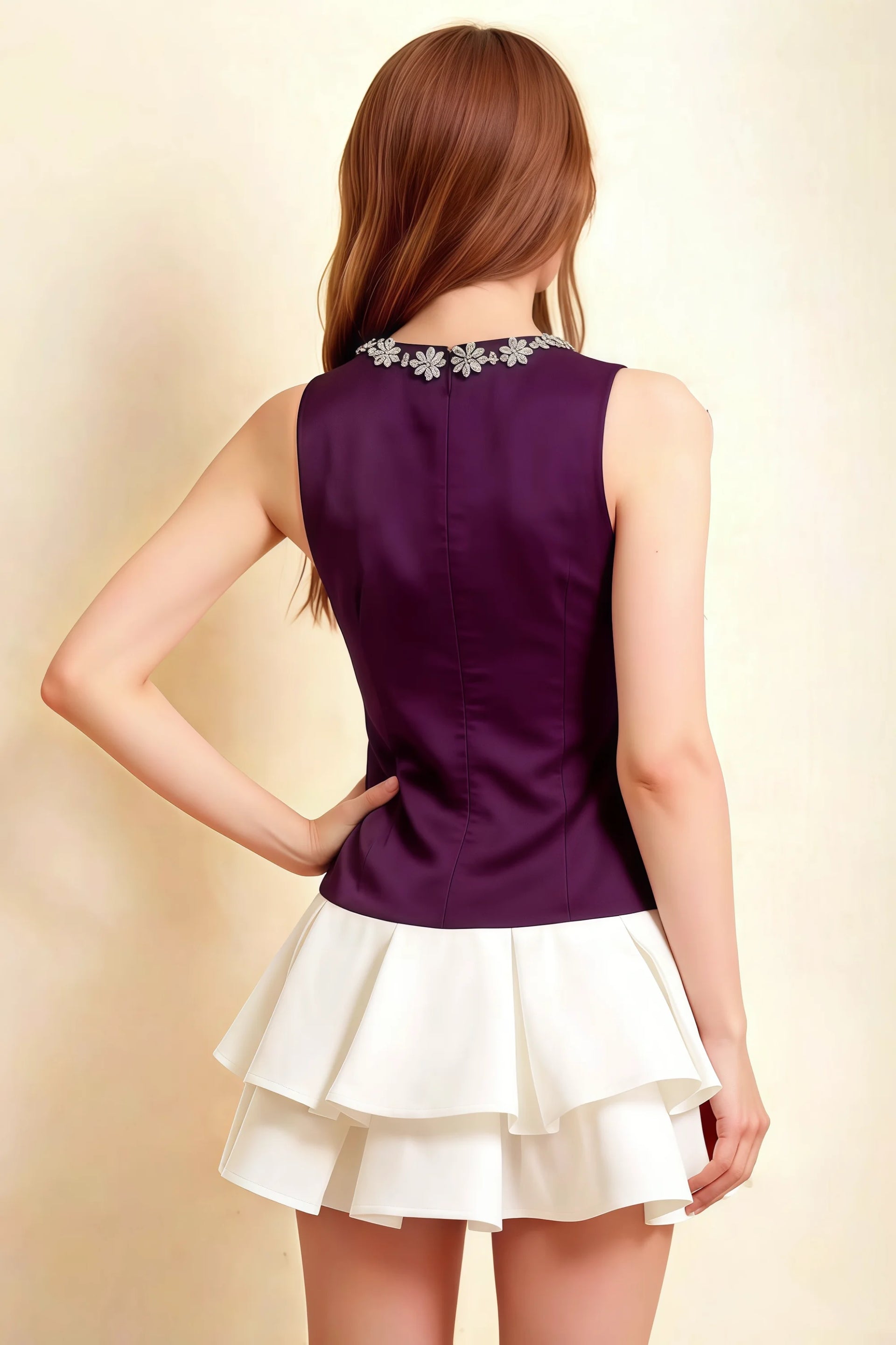 Camille Grape and White Sleeveless Rhinestone Mini Dress with Ruffles