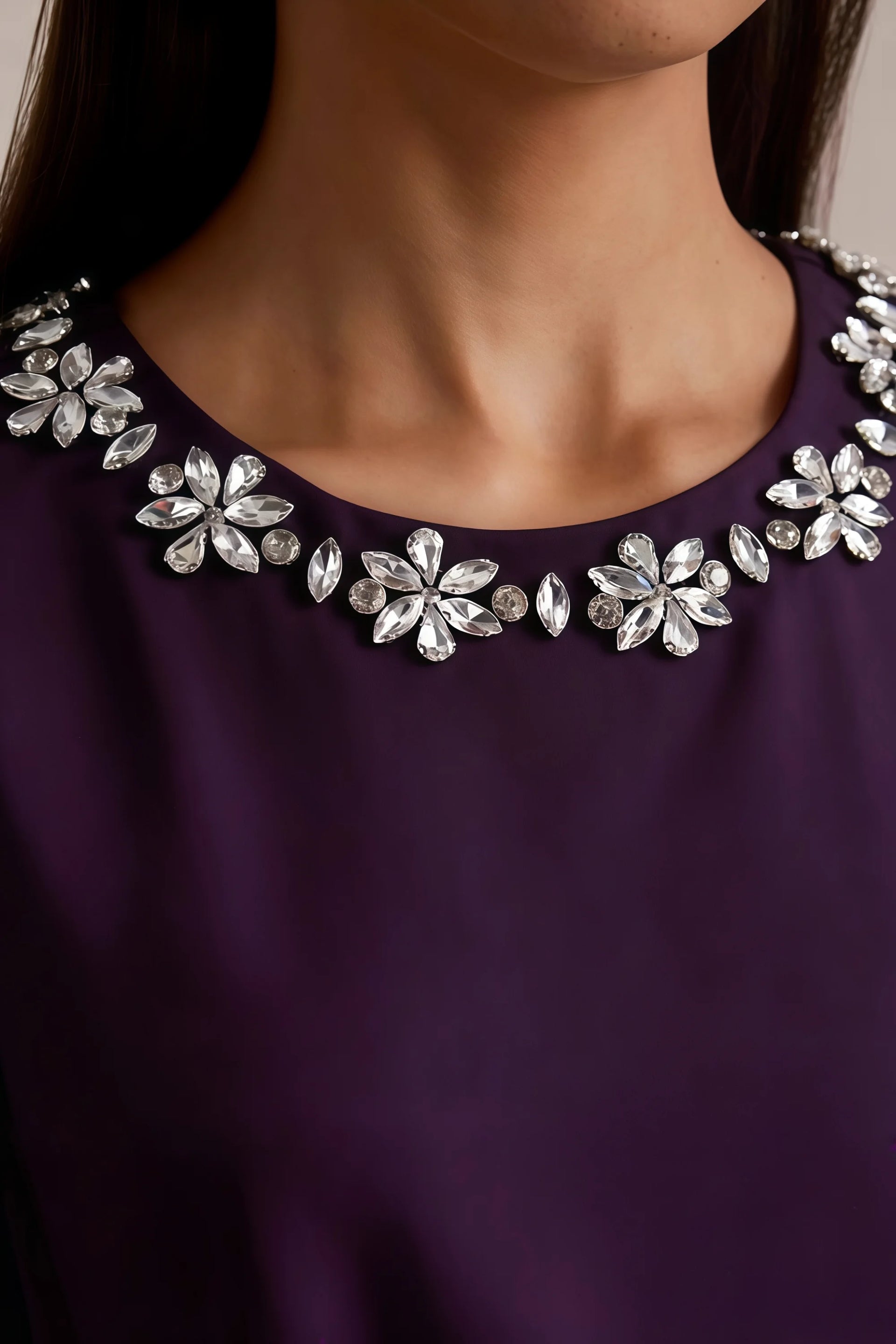 Camille Grape and White Sleeveless Rhinestone Mini Dress with Ruffles