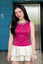 Camille Hot Pink and White Sleeveless Rhinestone Mini Dress with Ruffles