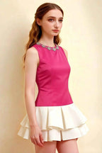 Camille Hot Pink and White Sleeveless Rhinestone Mini Dress with Ruffles