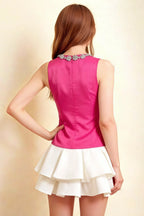 Camille Hot Pink and White Sleeveless Rhinestone Mini Dress with Ruffles