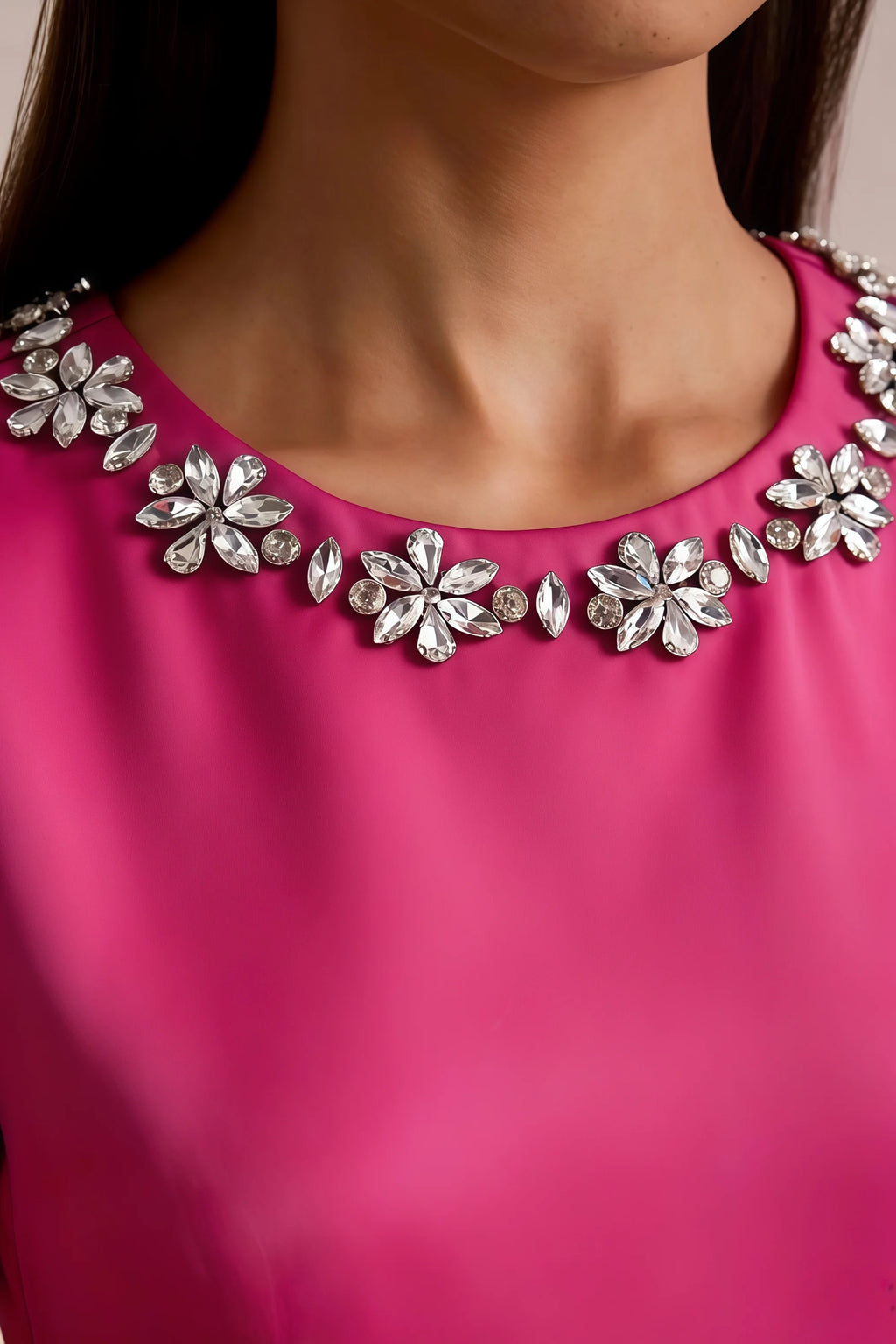Camille Hot Pink and White Sleeveless Rhinestone Mini Dress with Ruffles