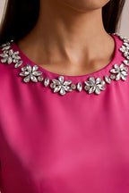 Camille Hot Pink and White Sleeveless Rhinestone Mini Dress with Ruffles