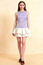Camille Lavender and White Sleeveless Rhinestone Mini Dress with Ruffles