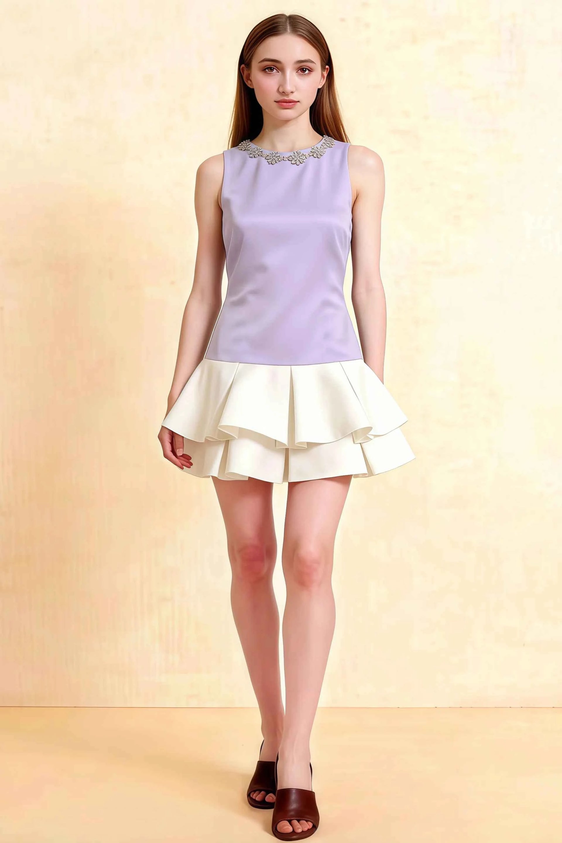 Camille Lavender and White Sleeveless Rhinestone Mini Dress with Ruffles