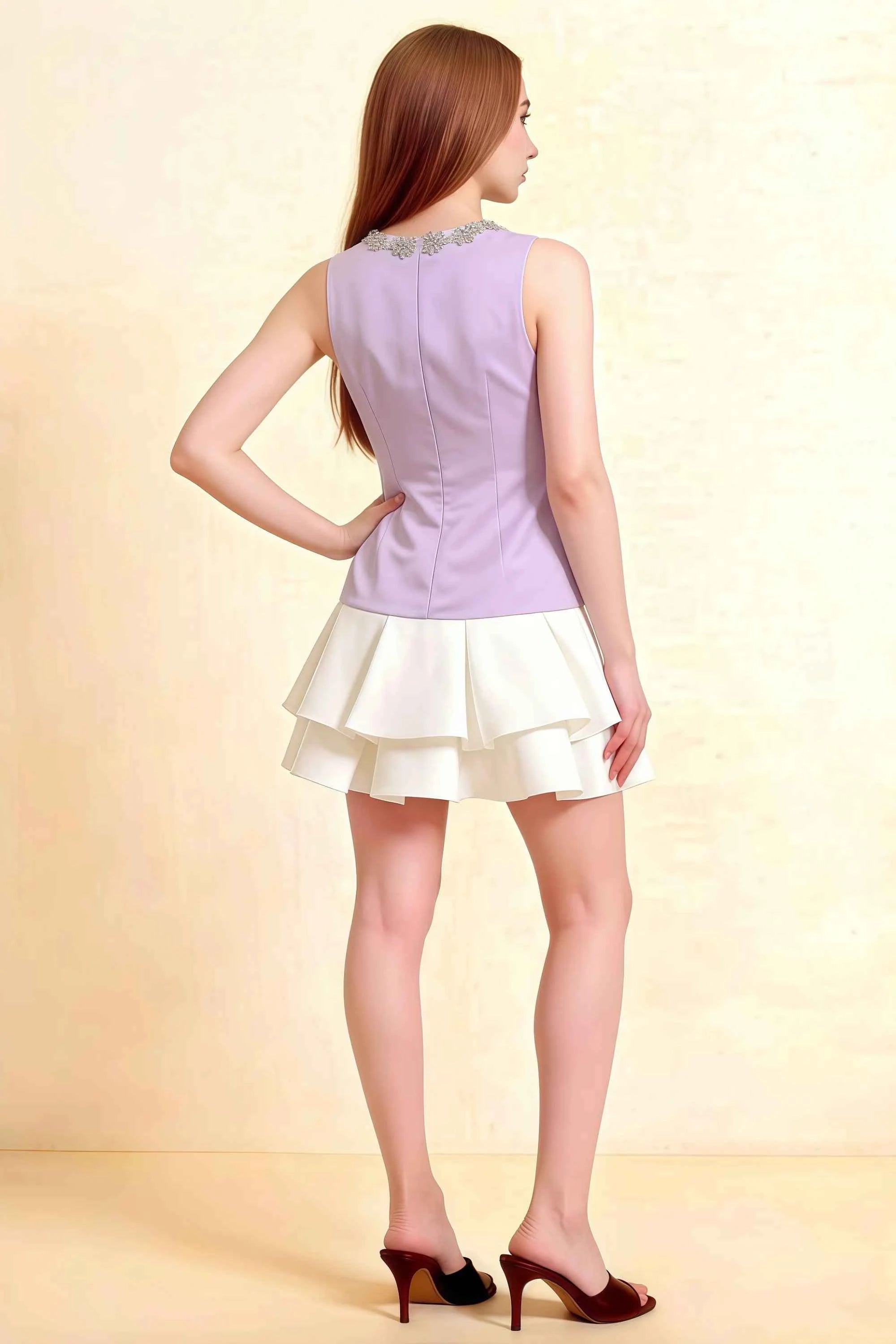 Camille Lavender and White Sleeveless Rhinestone Mini Dress with Ruffles Secondary image