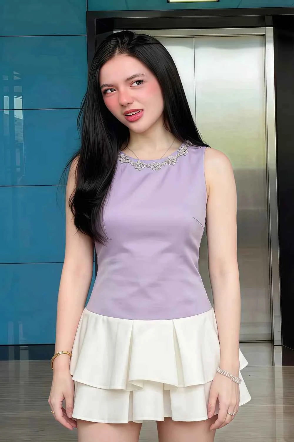 Camille Lavender and White Sleeveless Rhinestone Mini Dress with Ruffles