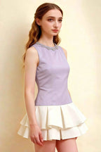 Camille Lavender and White Sleeveless Rhinestone Mini Dress with Ruffles