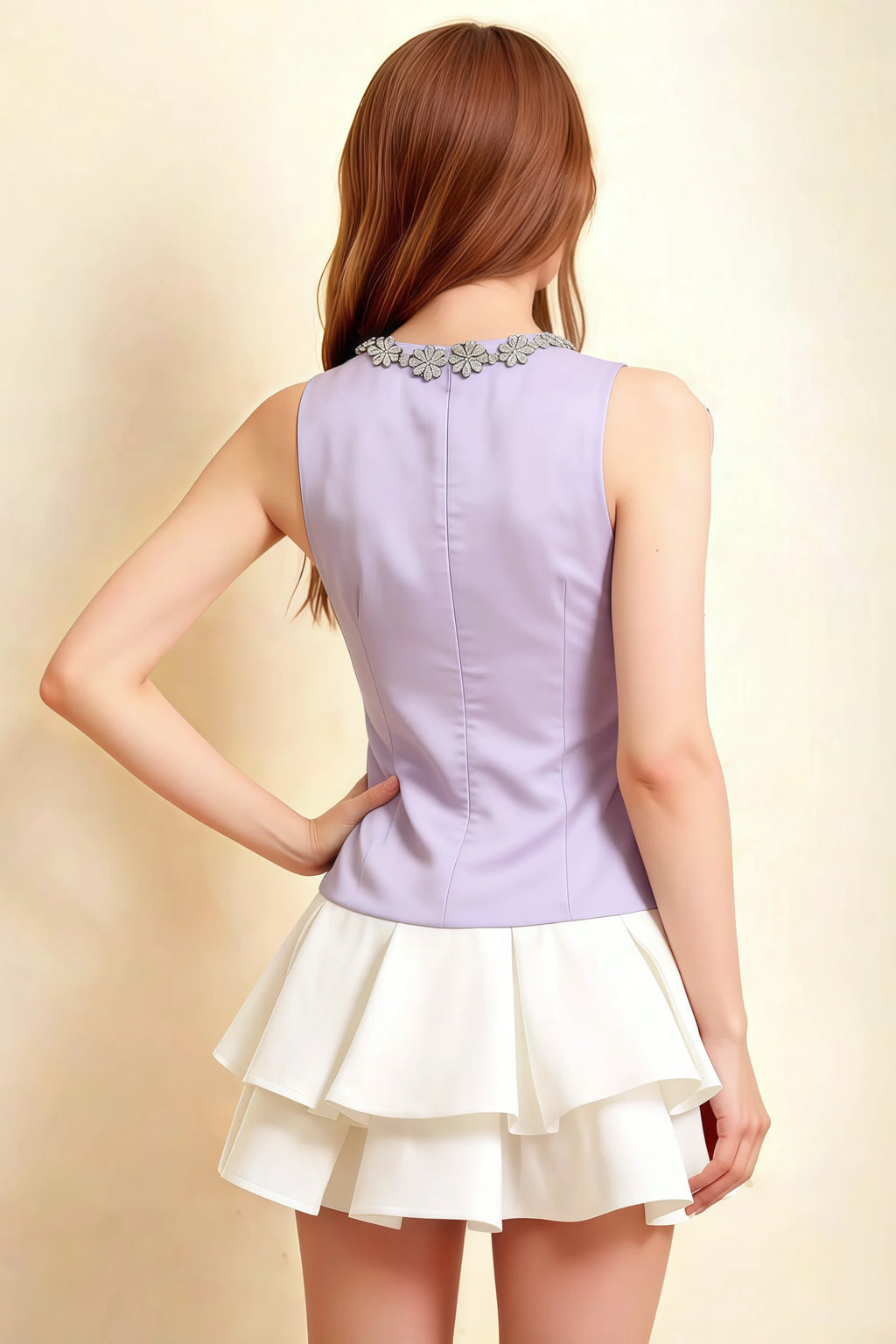 Camille Lavender and White Sleeveless Rhinestone Mini Dress with Ruffles