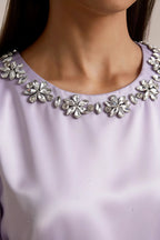 Camille Lavender and White Sleeveless Rhinestone Mini Dress with Ruffles