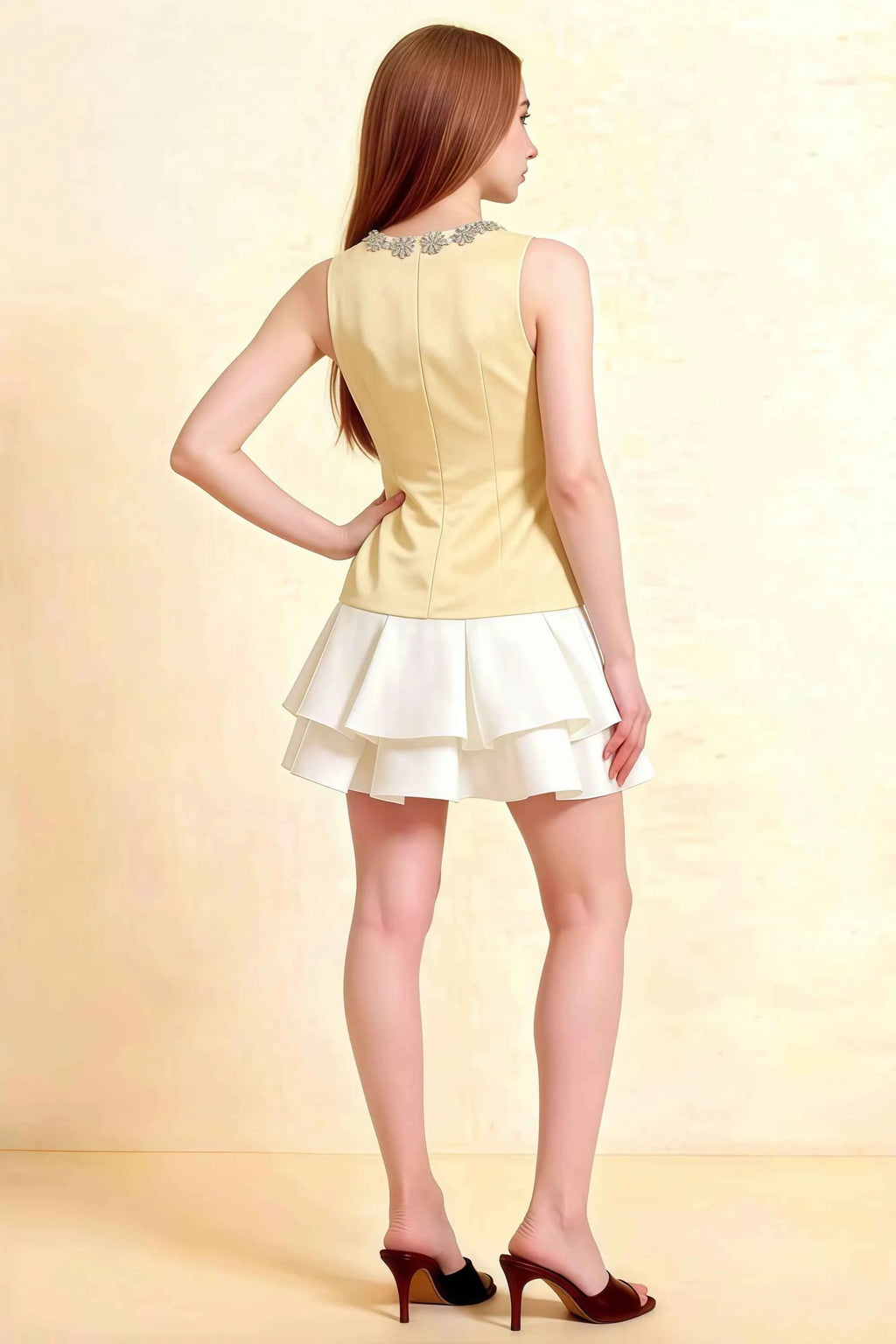 Camille Lemon and White Sleeveless Rhinestone Mini Dress with Ruffles
