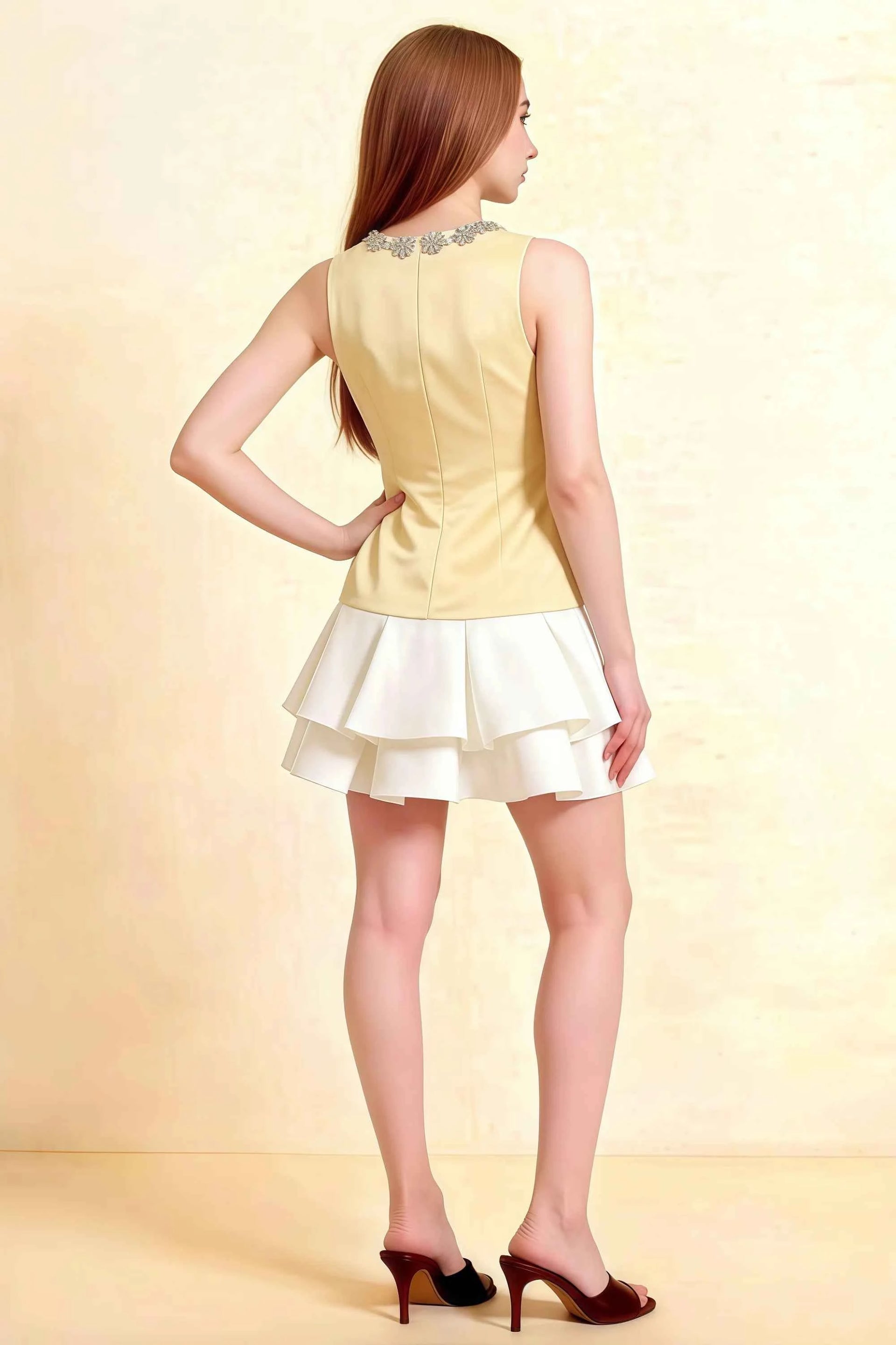 Camille Lemon and White Sleeveless Rhinestone Mini Dress with Ruffles