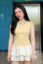 Camille Lemon and White Sleeveless Rhinestone Mini Dress with Ruffles