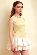 Camille Lemon and White Sleeveless Rhinestone Mini Dress with Ruffles