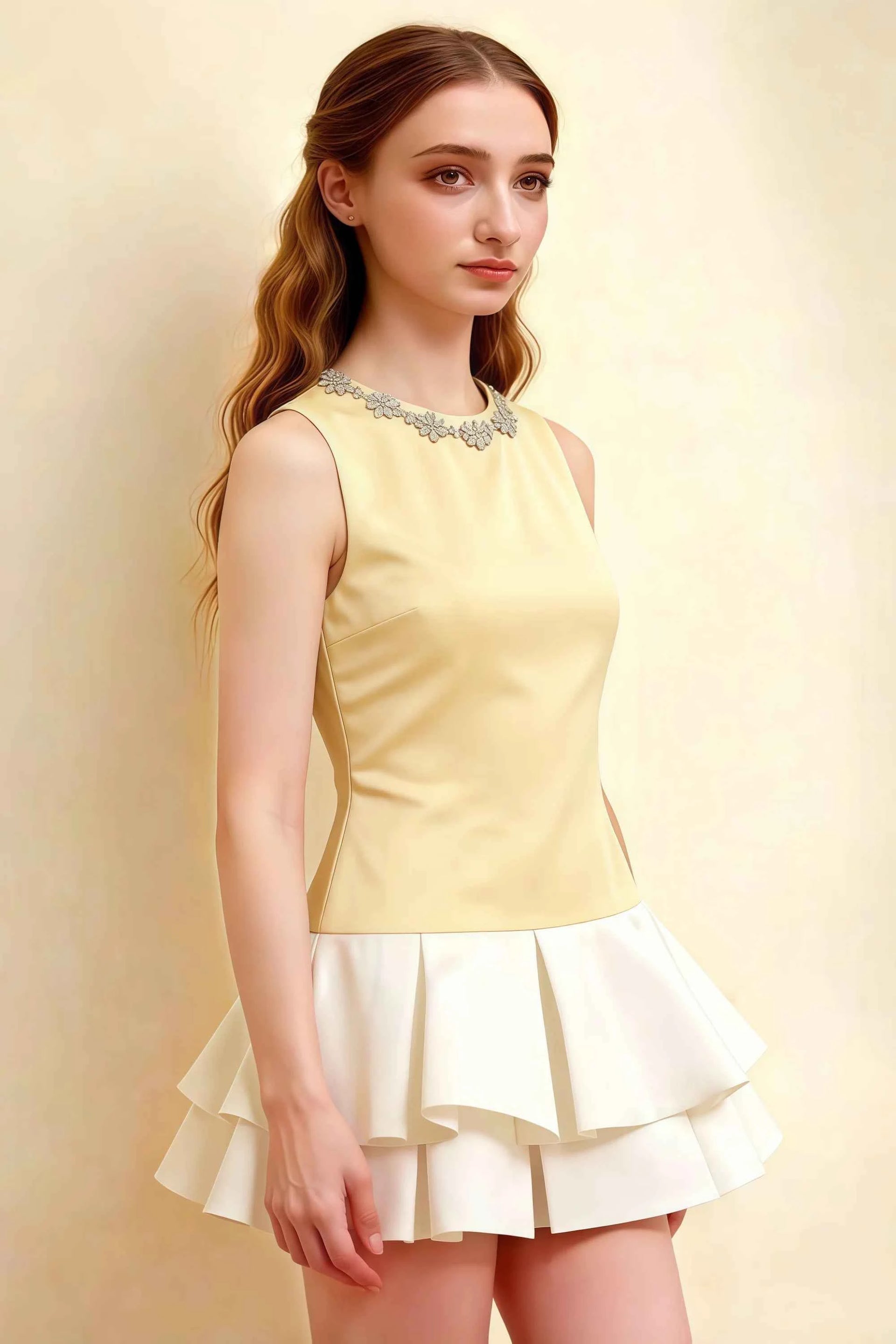 Camille Lemon and White Sleeveless Rhinestone Mini Dress with Ruffles