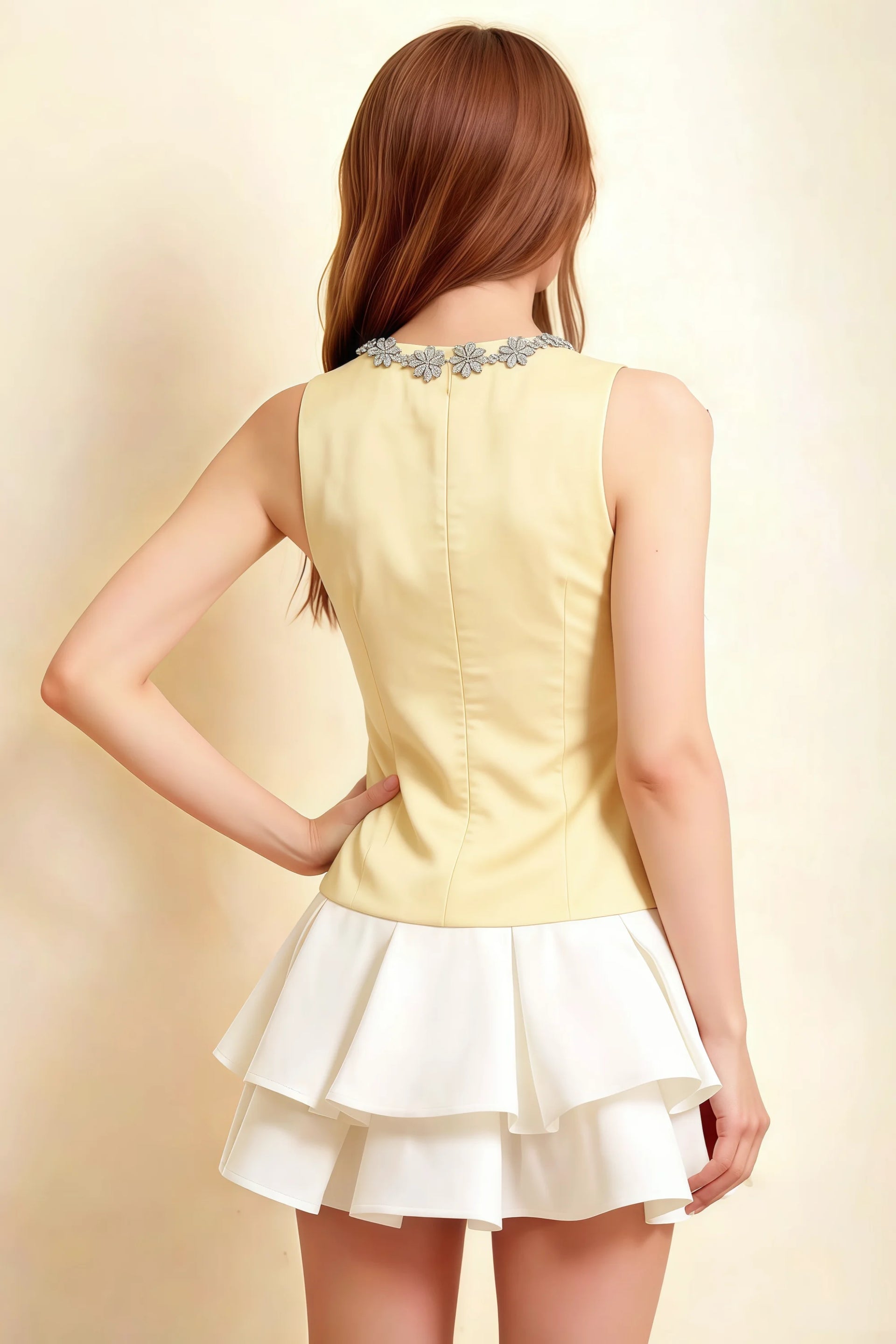 Camille Lemon and White Sleeveless Rhinestone Mini Dress with Ruffles
