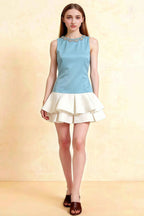 Camille Light Blue and White Sleeveless Rhinestone Mini Dress with Ruffles