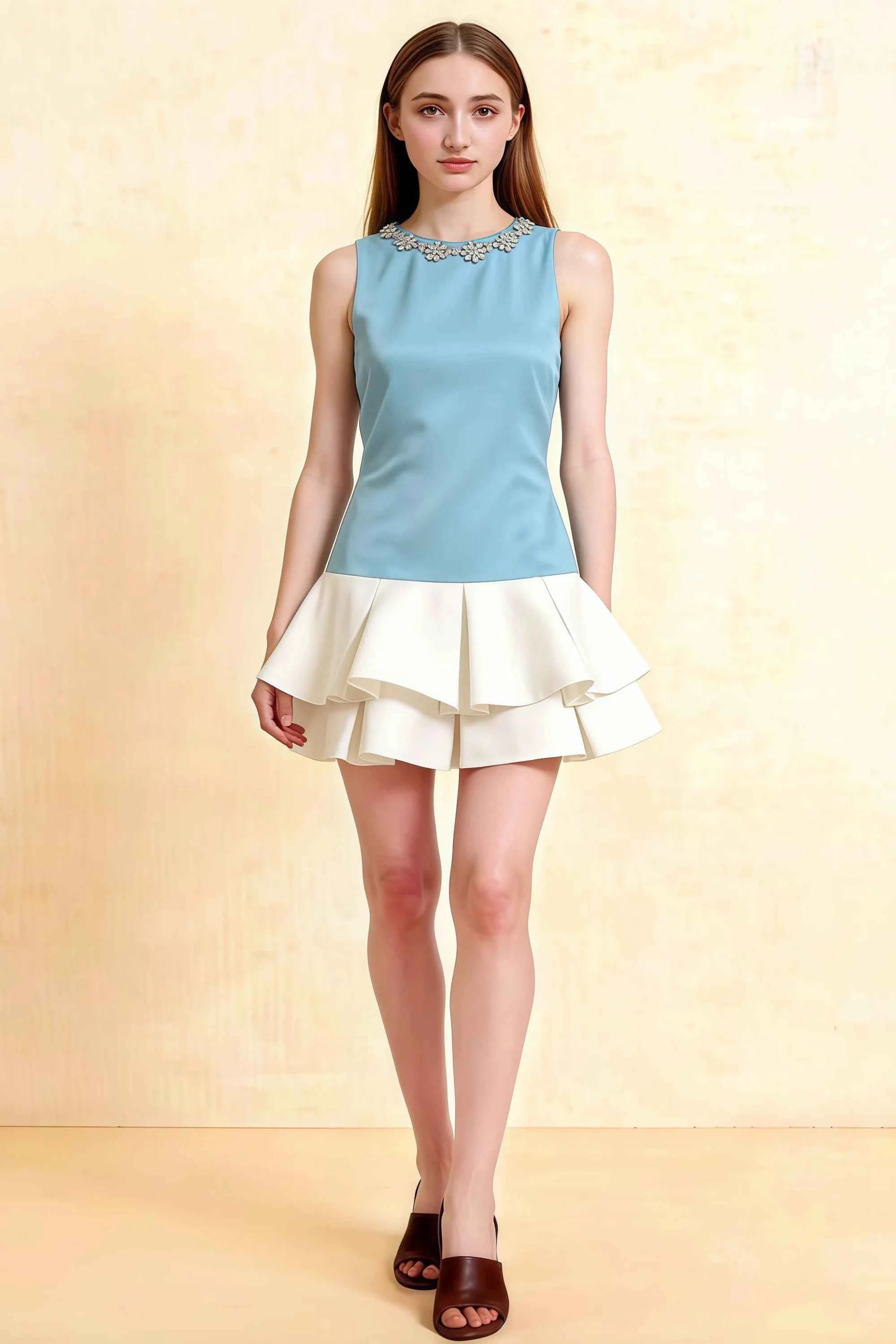 Camille Light Blue and White Sleeveless Rhinestone Mini Dress with Ruffles