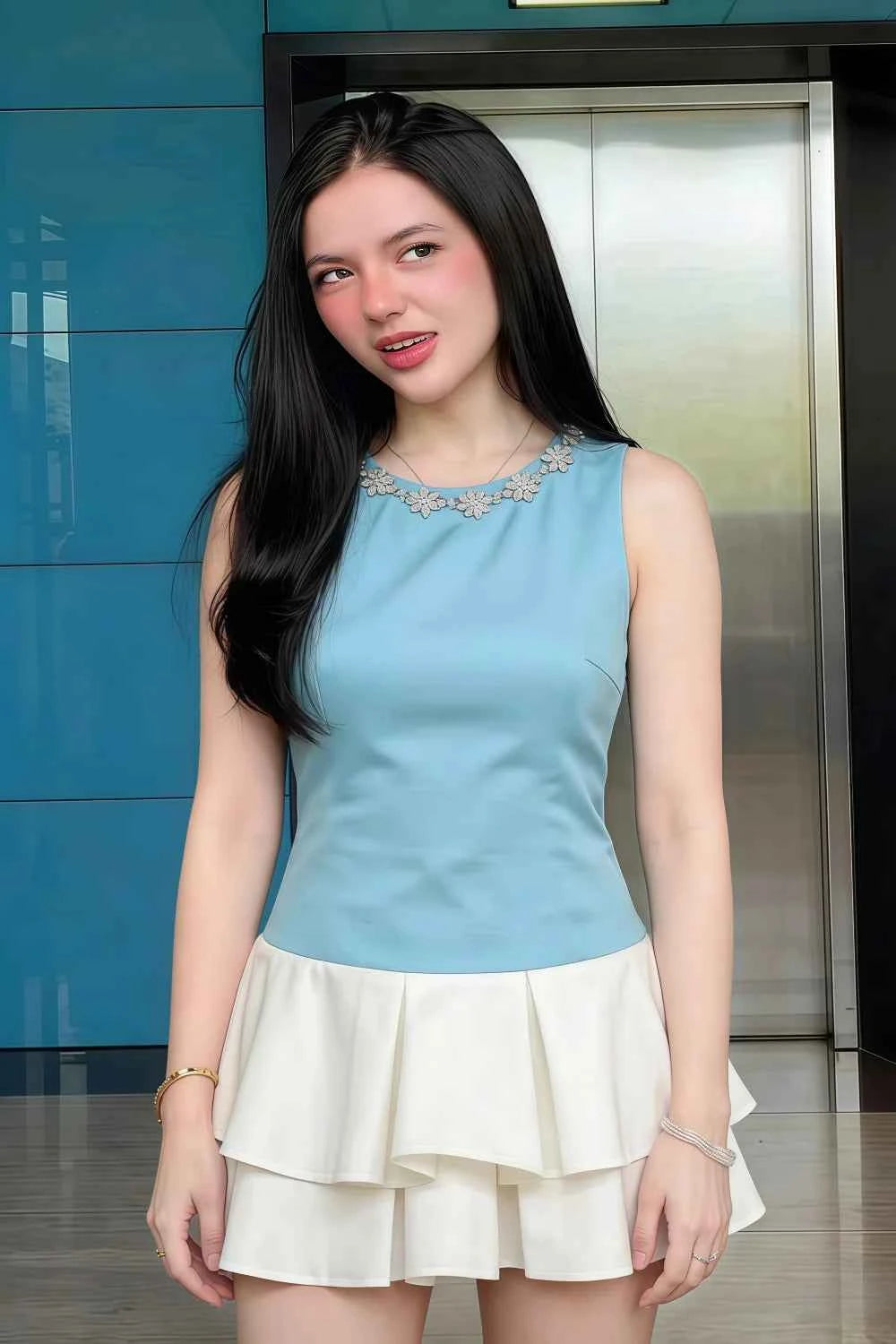 Camille Light Blue and White Sleeveless Rhinestone Mini Dress with Ruffles