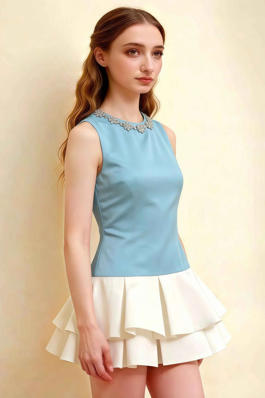 Camille Light Blue and White Sleeveless Rhinestone Mini Dress with Ruffles