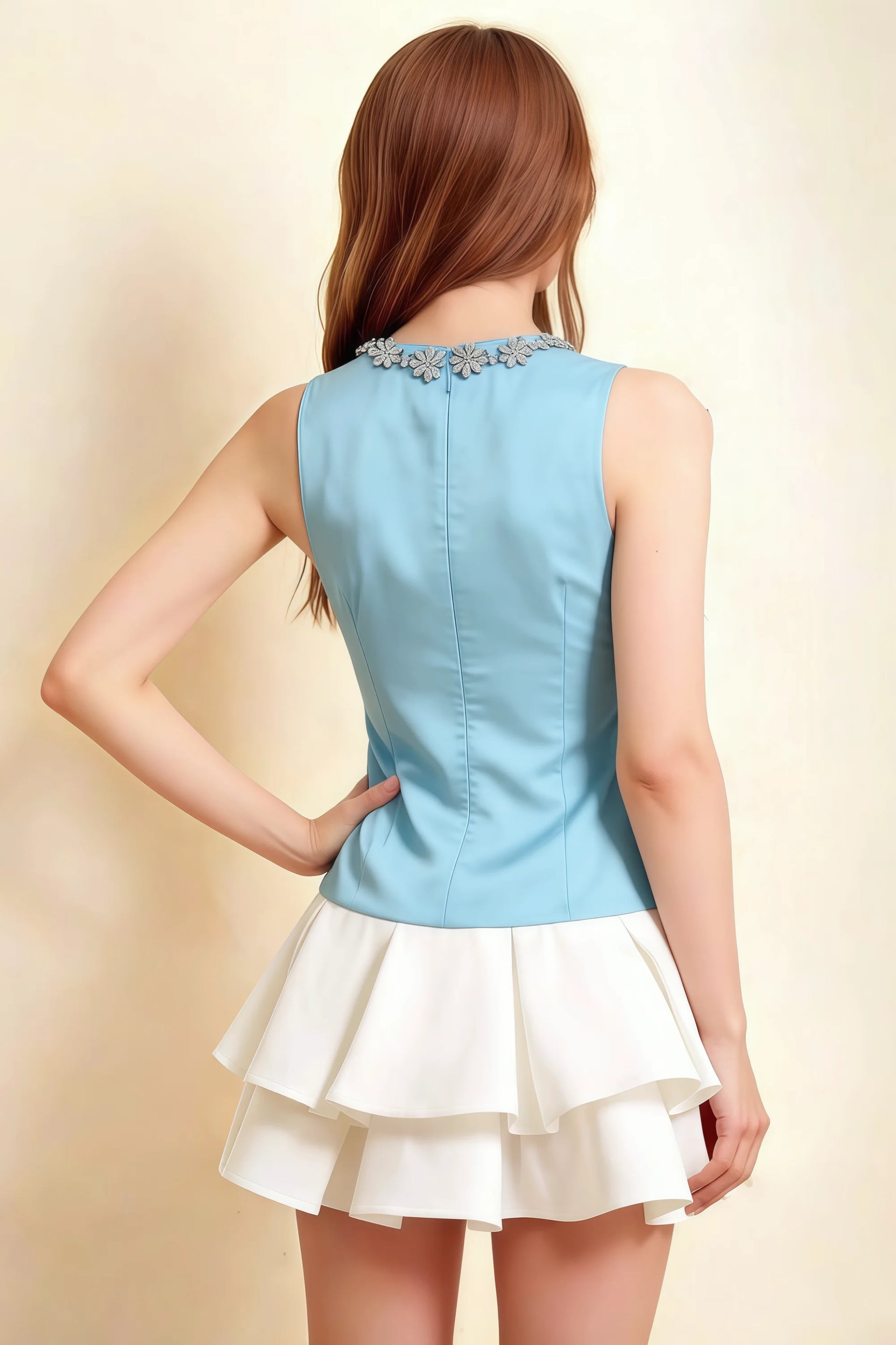 Camille Light Blue and White Sleeveless Rhinestone Mini Dress with Ruffles