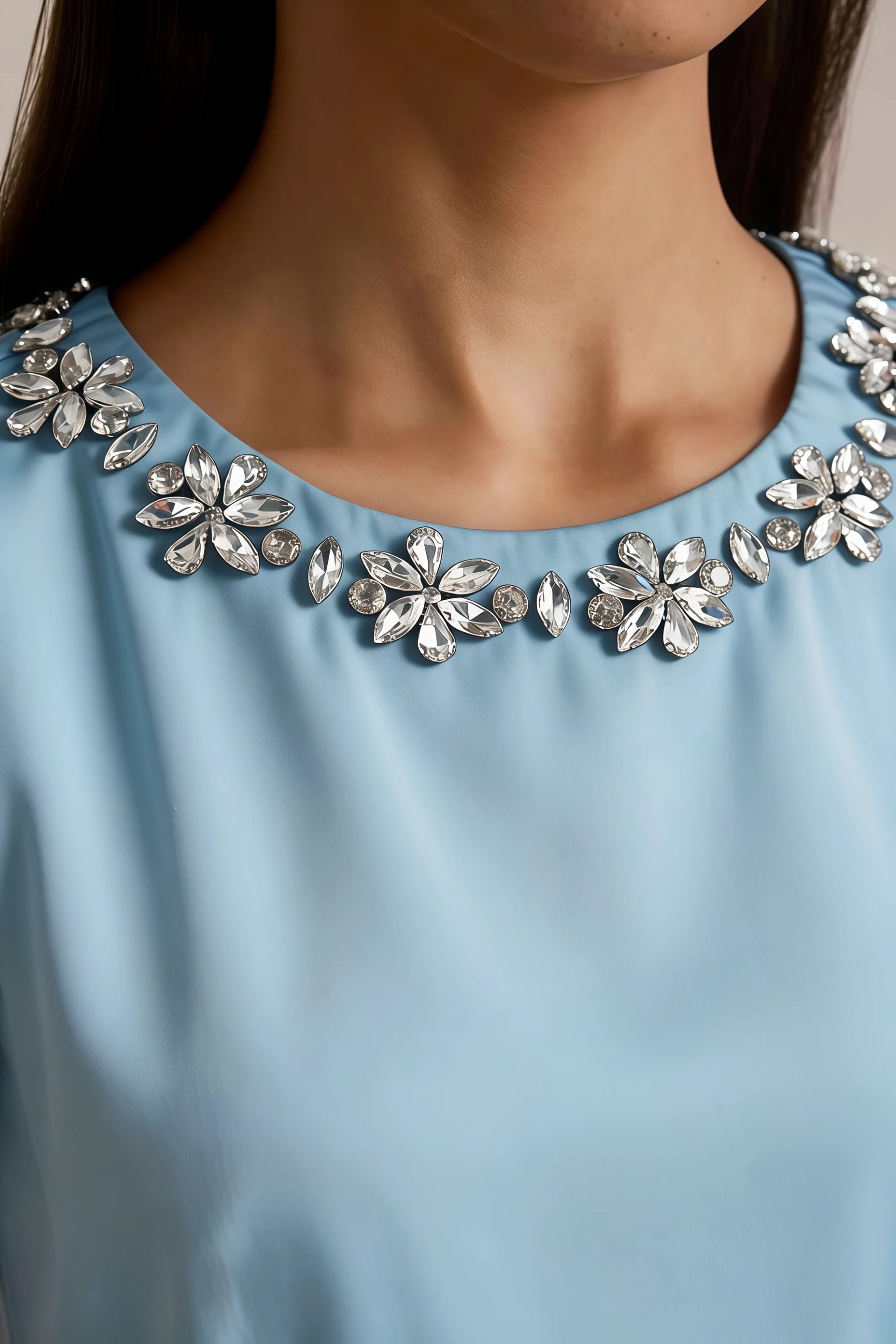 Camille Light Blue and White Sleeveless Rhinestone Mini Dress with Ruffles