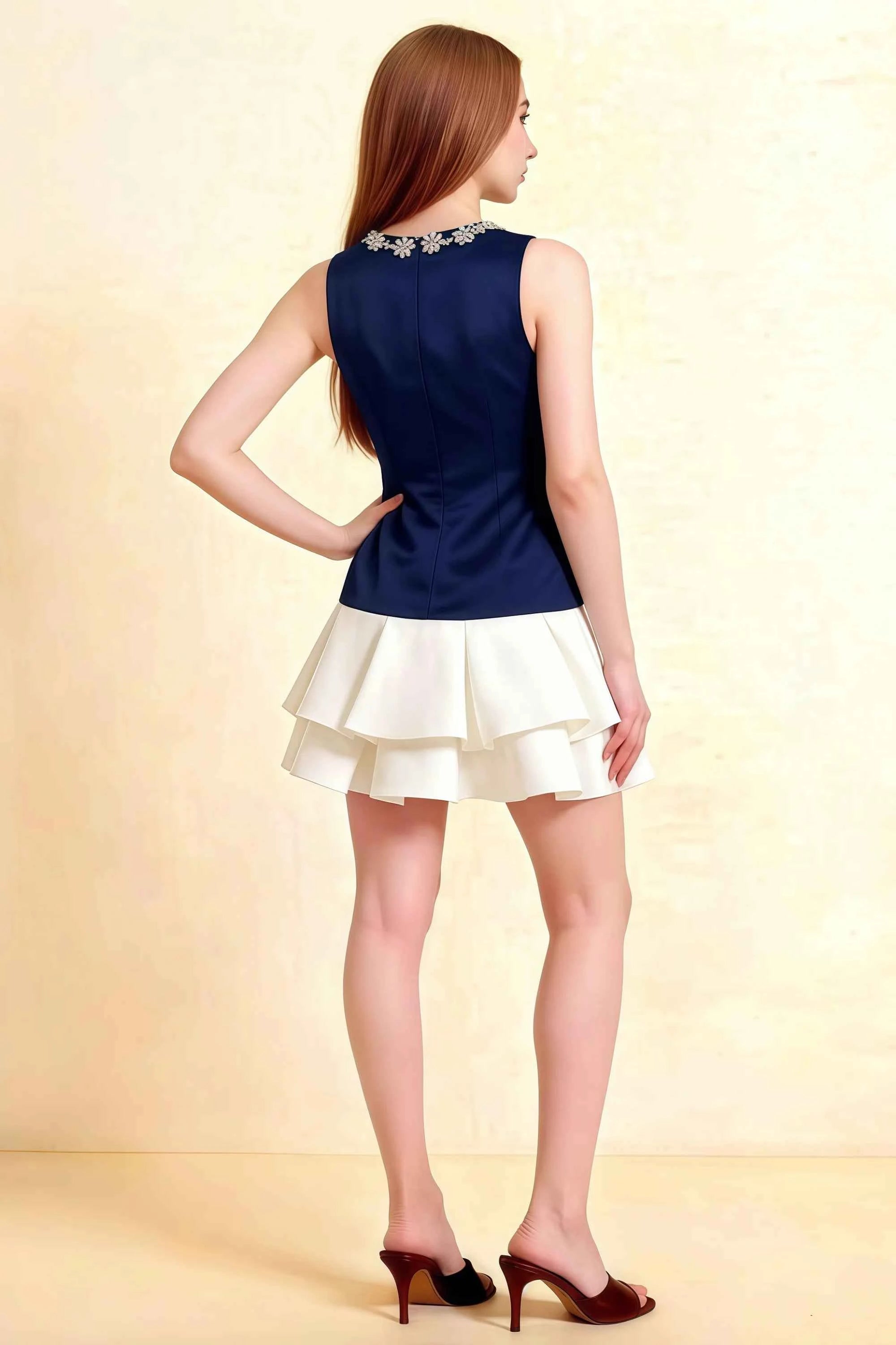 Camille Navy and White Sleeveless Rhinestone Mini Dress with Ruffles Imagen secundaria del producto