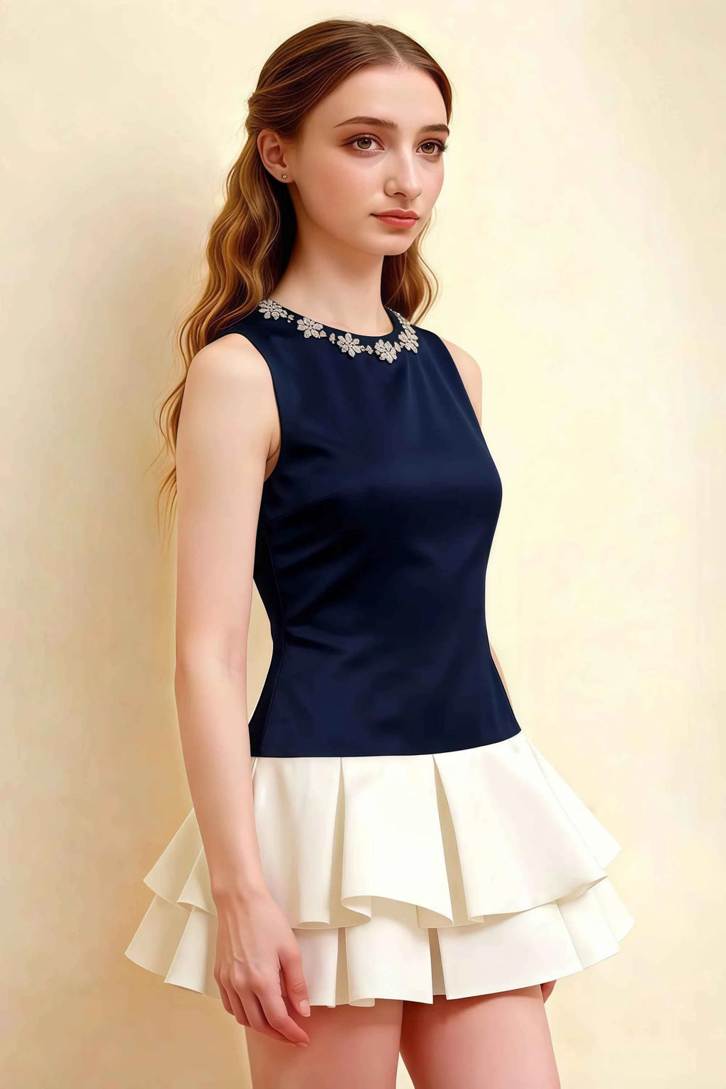 Camille Navy and White Sleeveless Rhinestone Mini Dress with Ruffles