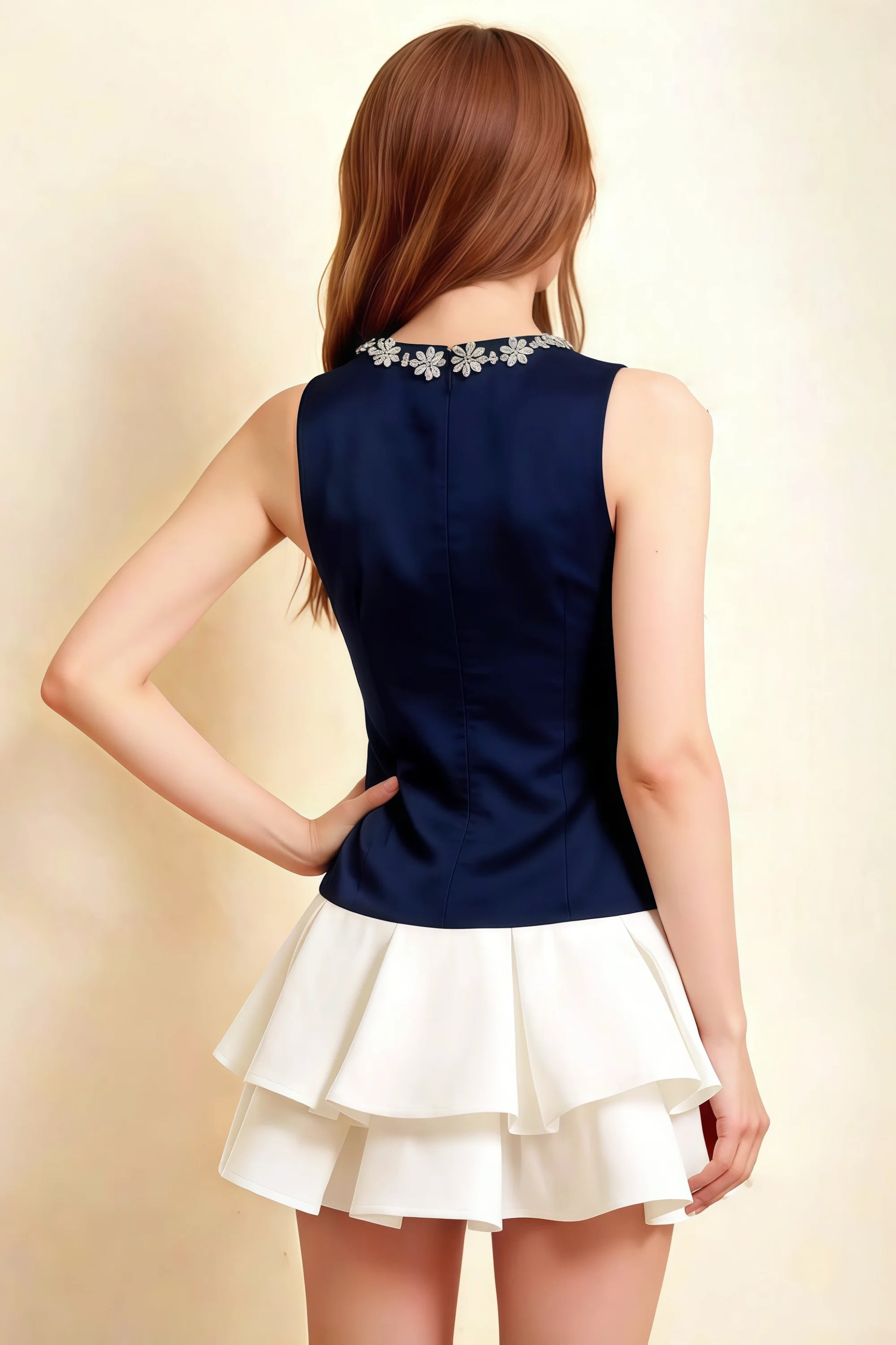 Camille Navy and White Sleeveless Rhinestone Mini Dress with Ruffles