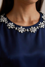 Camille Navy and White Sleeveless Rhinestone Mini Dress with Ruffles