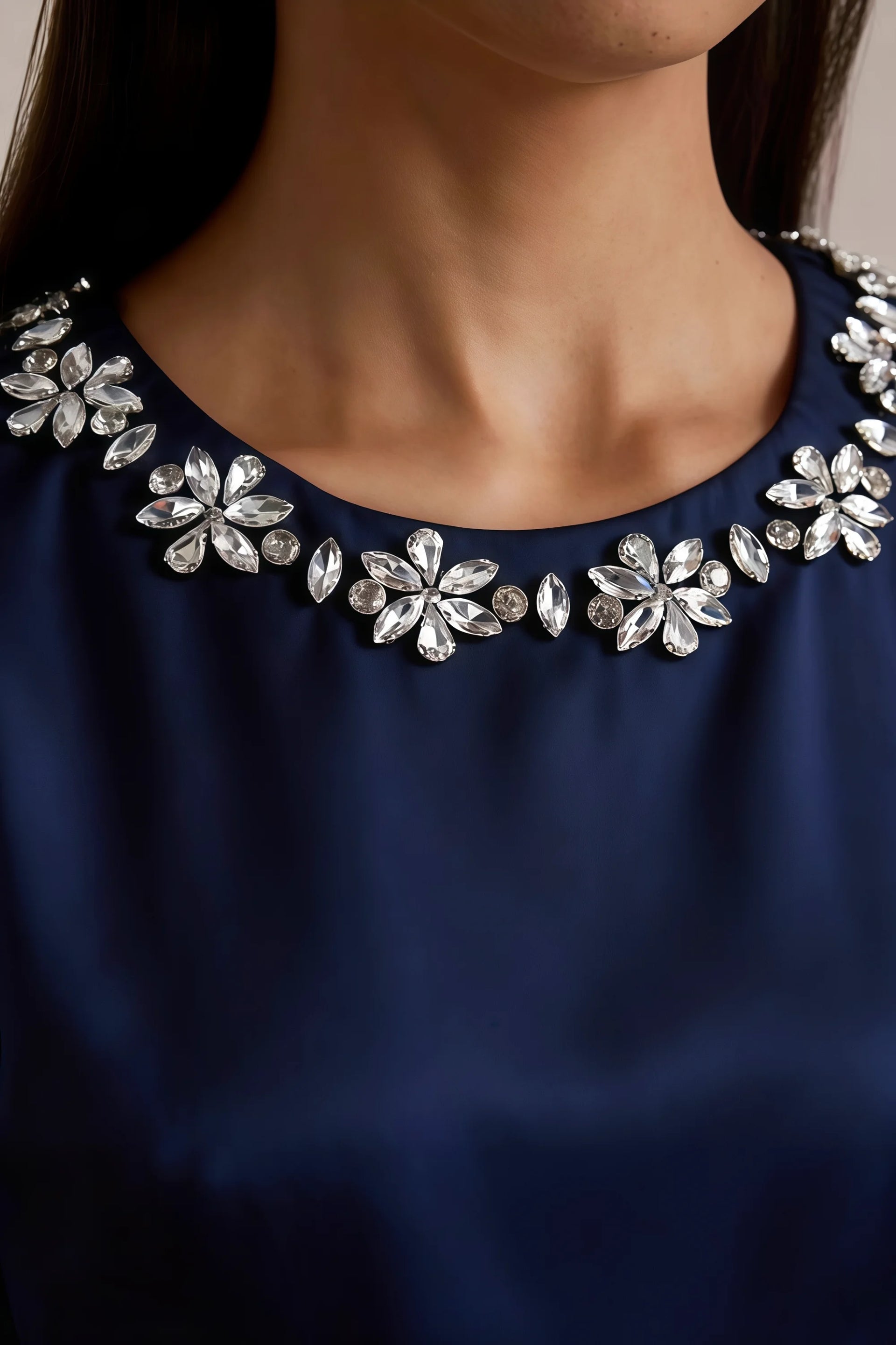 Camille Navy and White Sleeveless Rhinestone Mini Dress with Ruffles